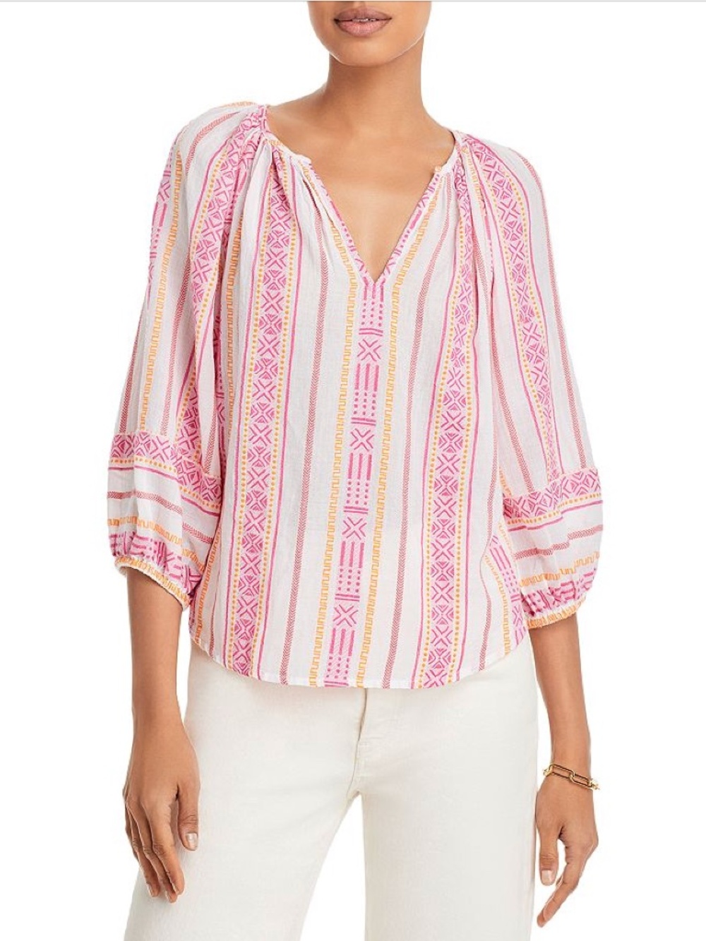 NEW! Velvet by Graham & Spencer Louise Top 3/4 Sleeve Cotton White Pink Size XS